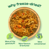 bowl of more toddler meals five veg macaroni outlining benefits of freeze drying