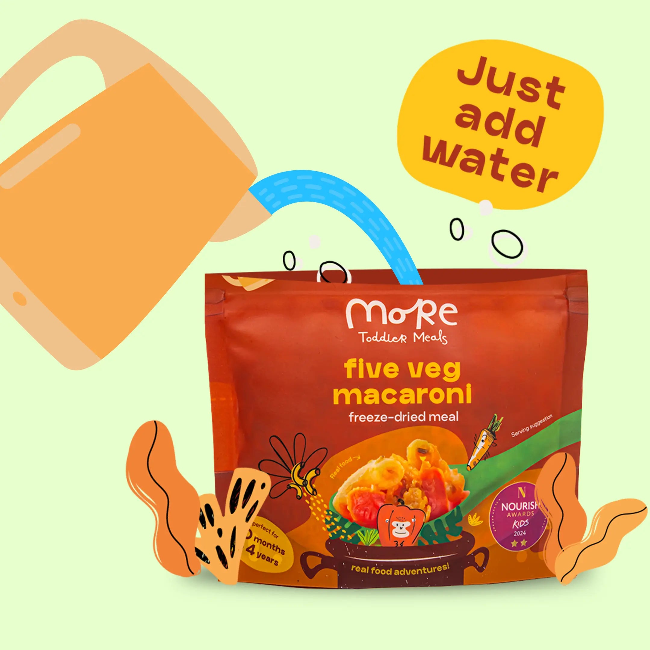 more toddler meal  'five veg macaroni' freeze-dried meal with a cartoon watering can and text 'Just add water' on a light green background.