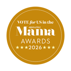 Gold badge with text 'Vote for US in the Absolutely Mama Awards 2026' on a white background